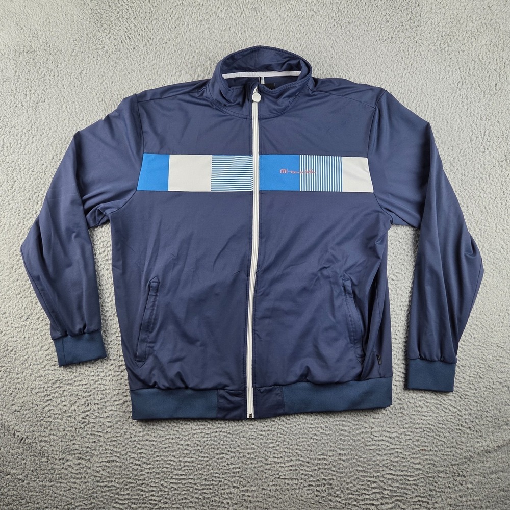 Travis Mathew Jacket Mens XL Blue White Full‎ Zip Golf Athletic Nylon Stretch